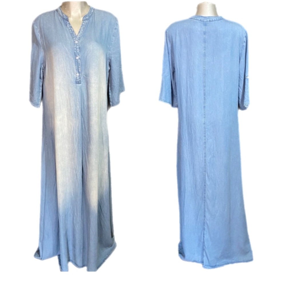 Blue Denim Chambray Maxi Dress 1/2 Sleeve Henley Bohemian Modest Coastal Large